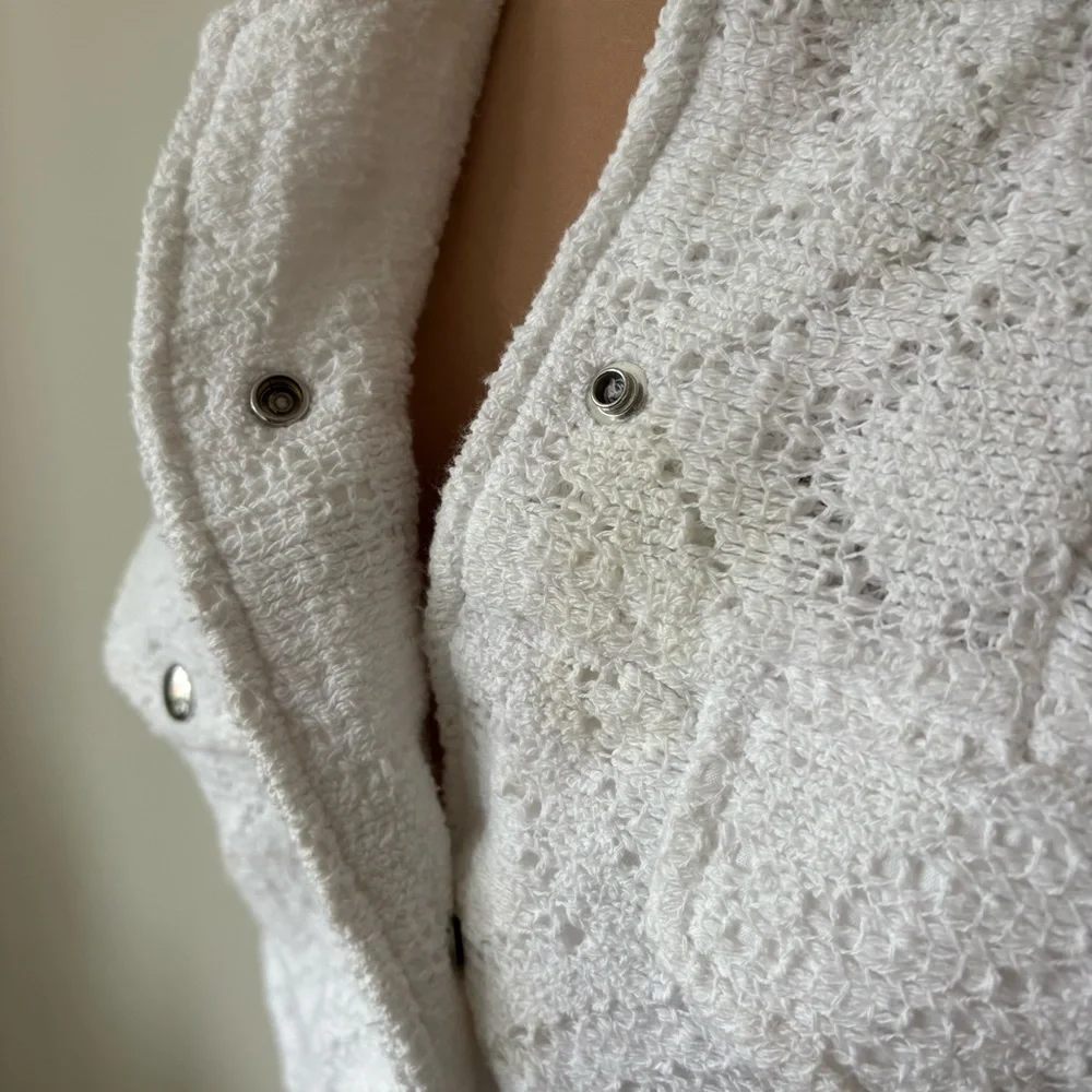 Iro Uliana Crochet Crispy White Snap Button Front Denim Style Jacket Size 36/4